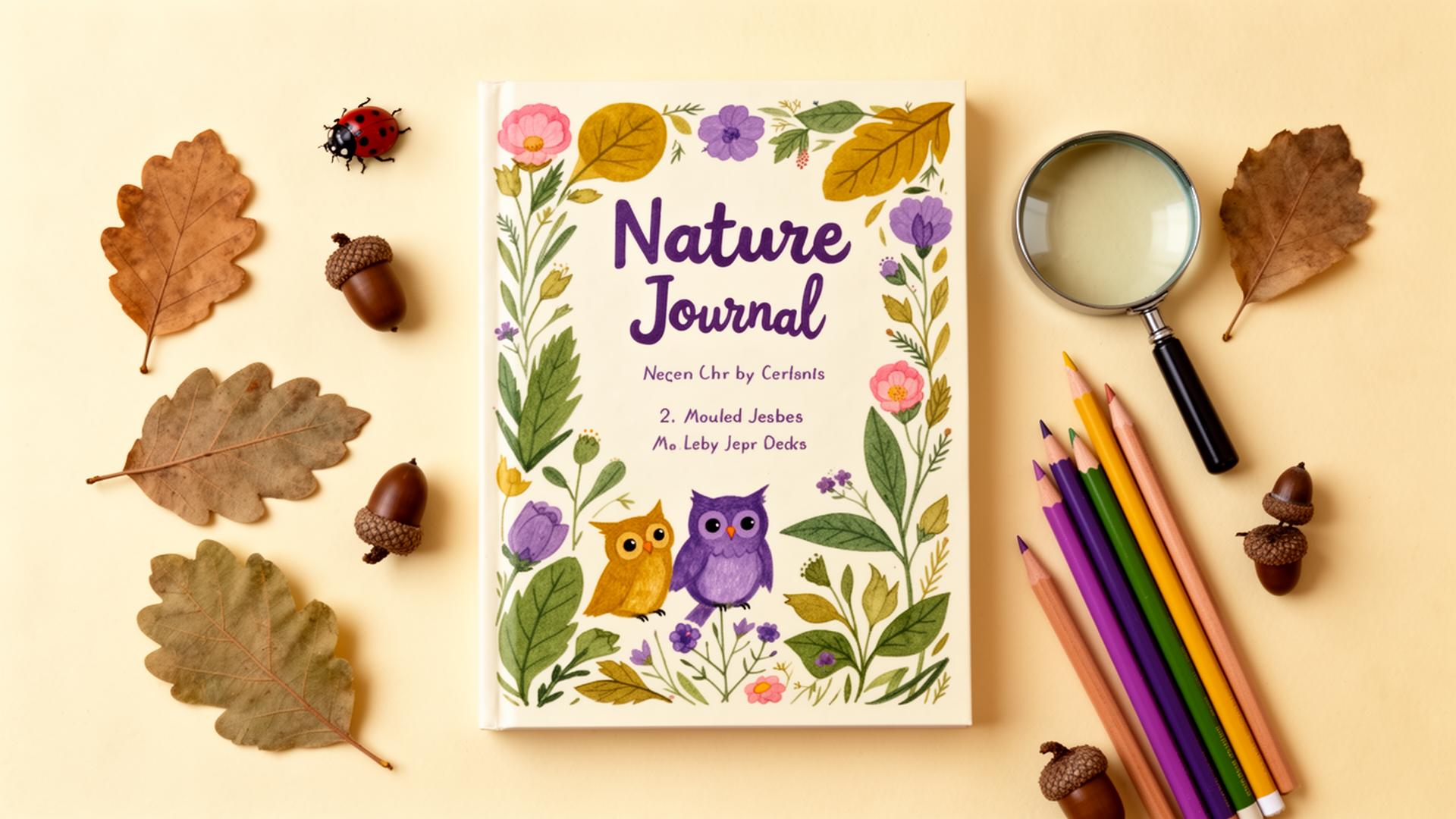 A children's nature journal surrounded by leaves, acorns and a magnifying glass